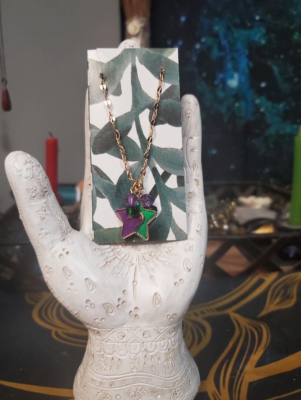 Handmade Gold Green and Purple Star And Beads Necklace